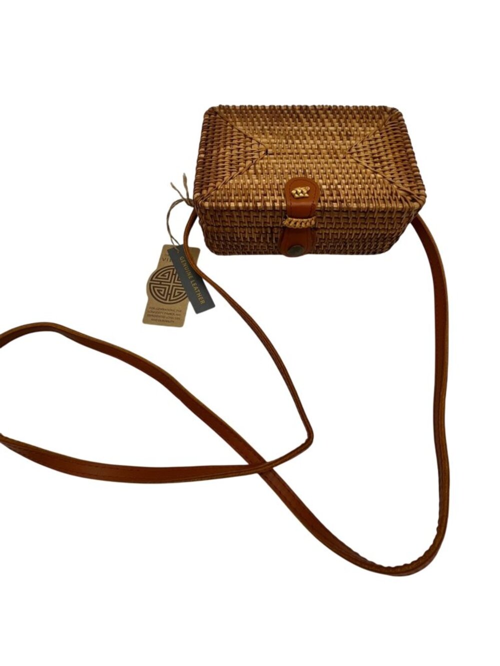 NWT Handcrafted in Vietnam Womens Snap Handwoven Rattan Crossbody Bag Brown C